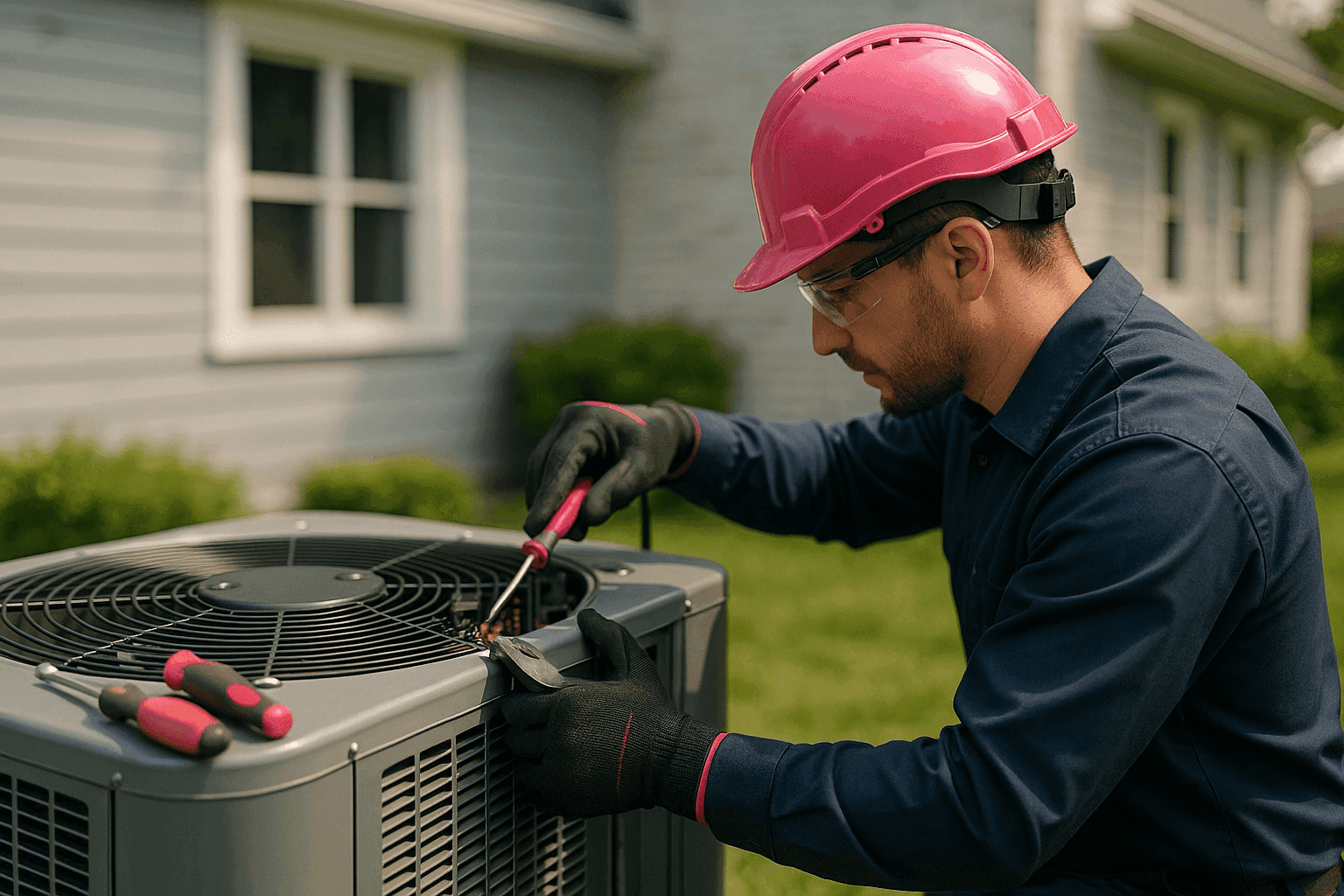 HVAC technician in PPE working on residential air conditioner outside a home