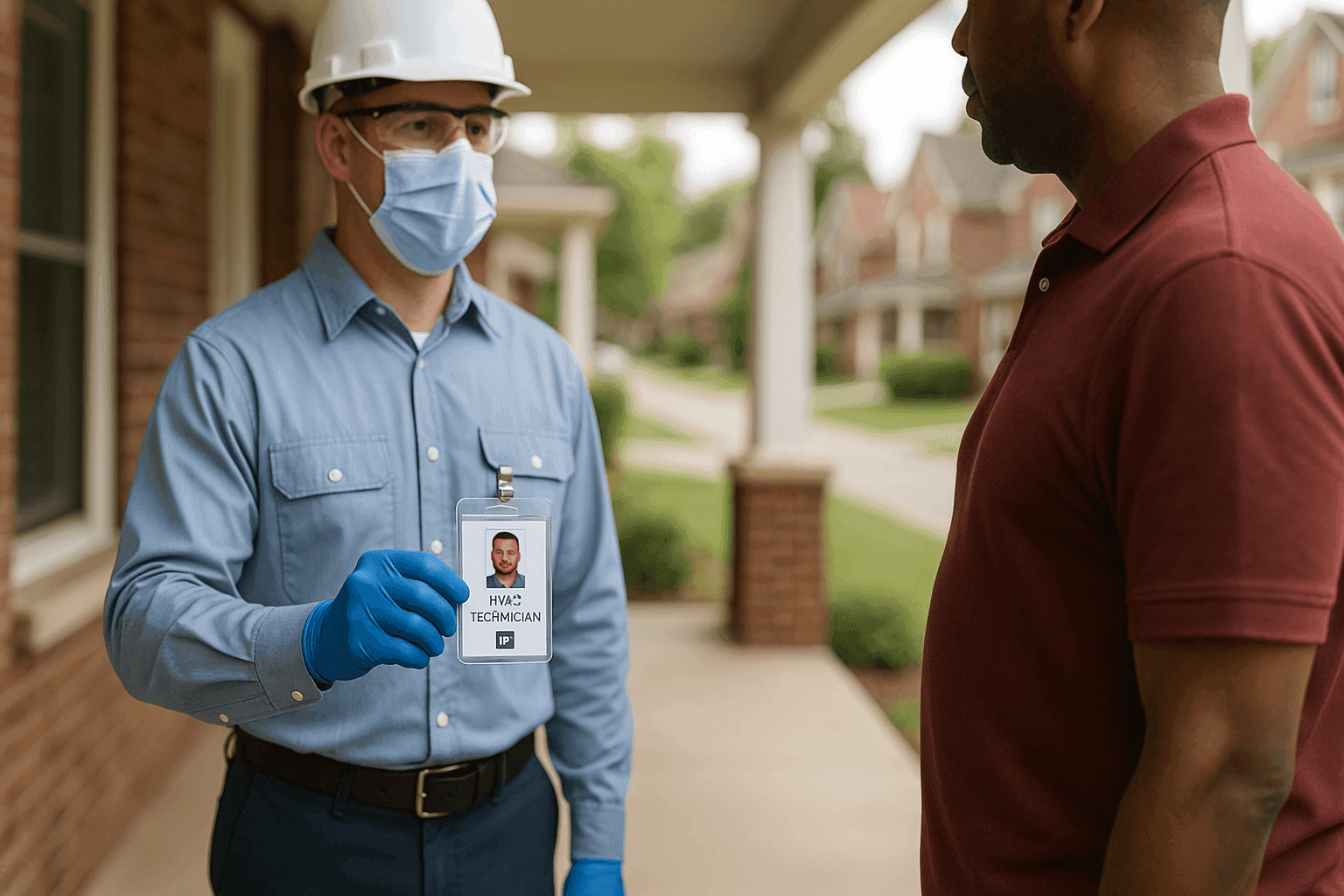 HVAC technician showing license and credentials to homeowner
