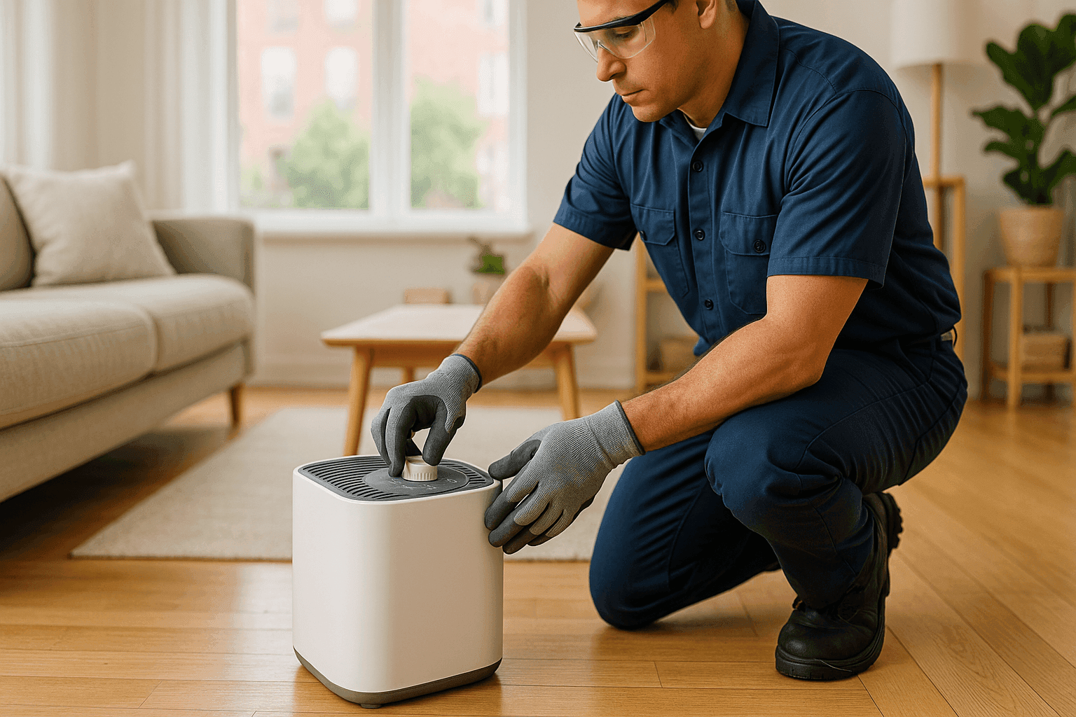 Technician placing humidifier in modern home living room