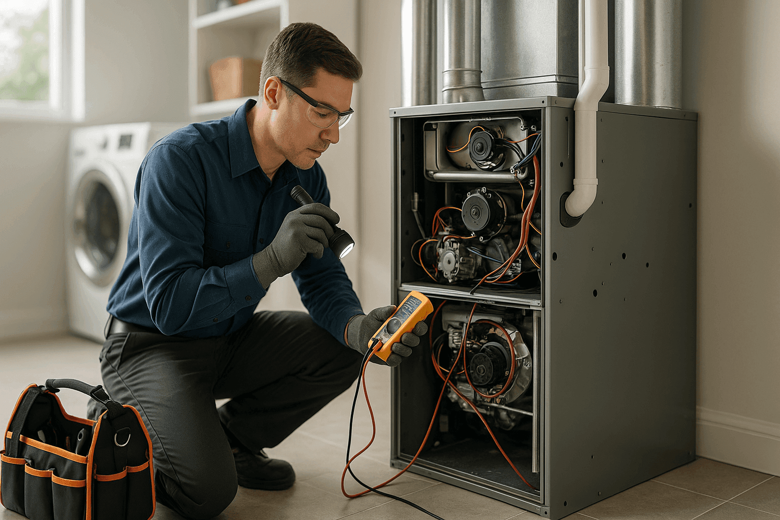 Technician checking furnace components in home utility room
