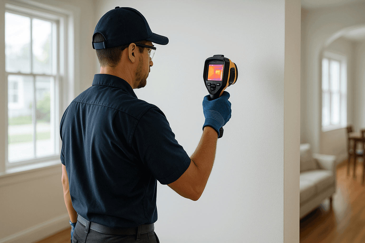 Technician performing home energy audit with thermal camera