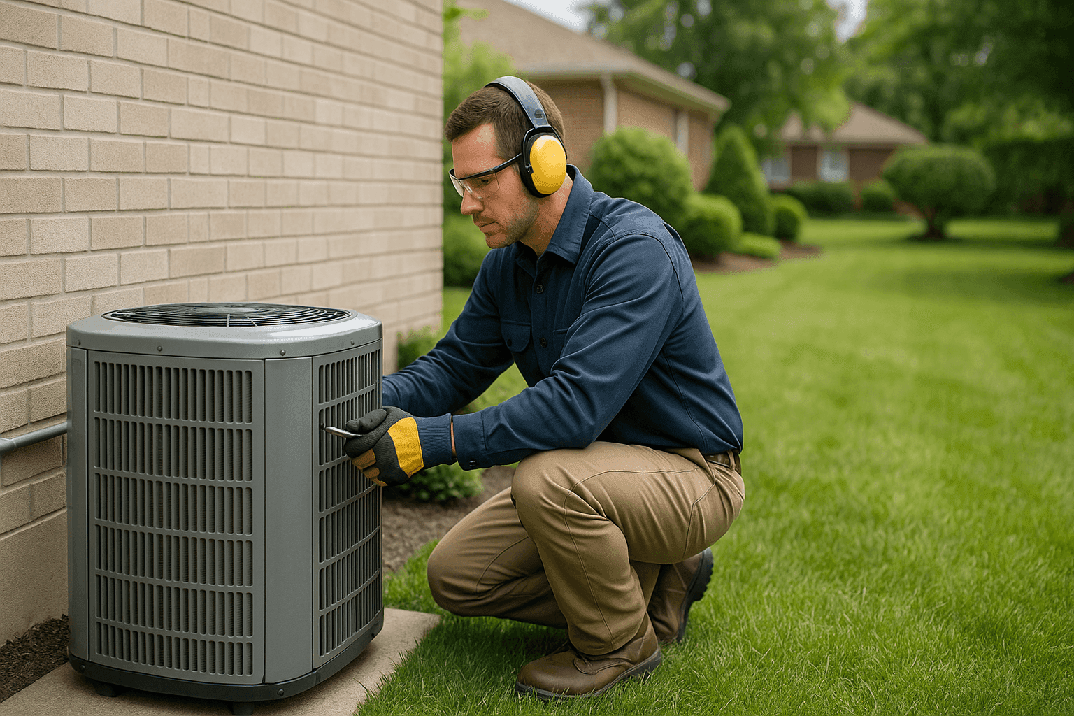 Technician performing seasonal maintenance on home HVAC unit