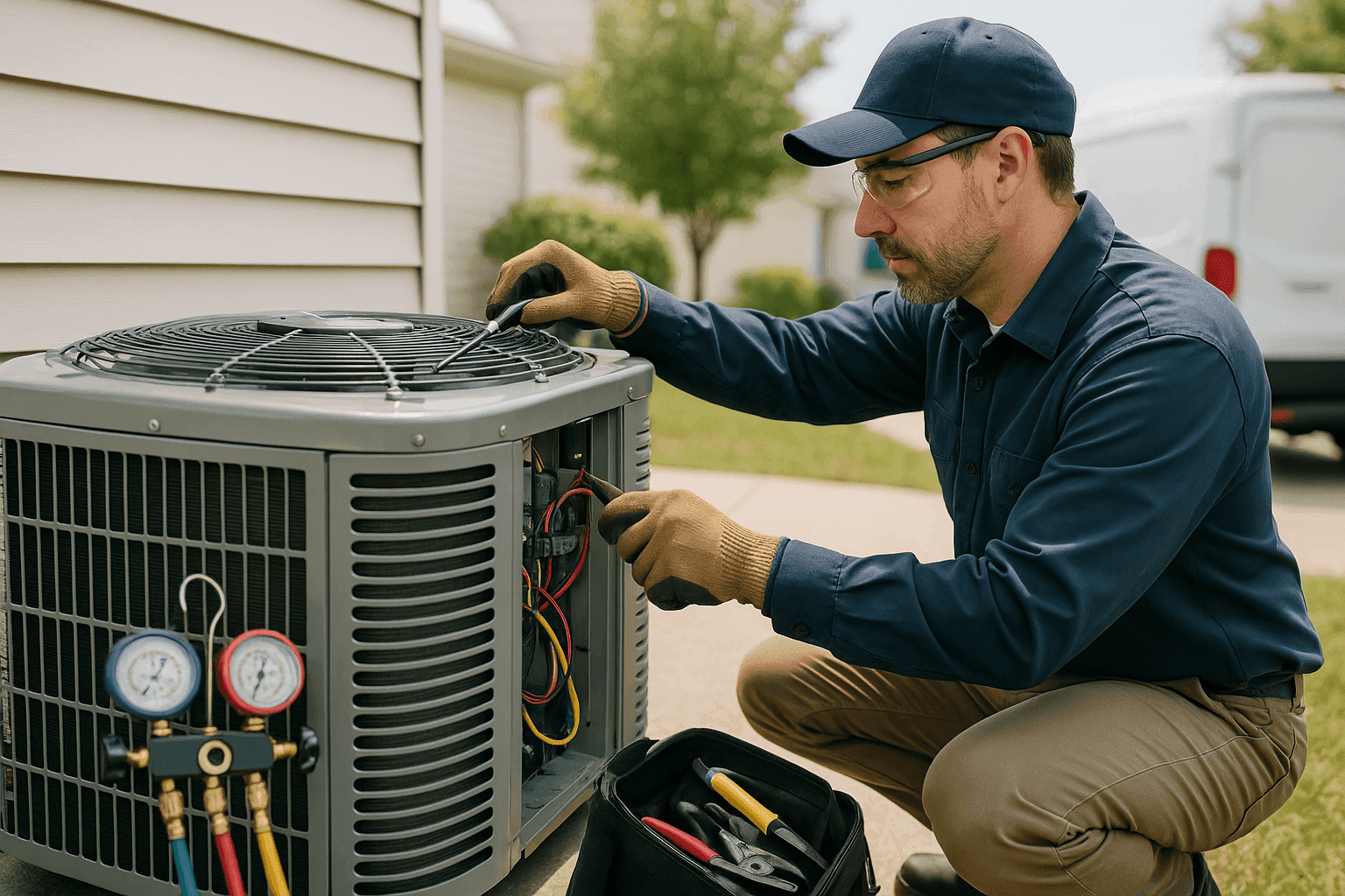 Técnico de HVAC realizando mantenimiento estacional en una unidad de aire acondicionado exterior