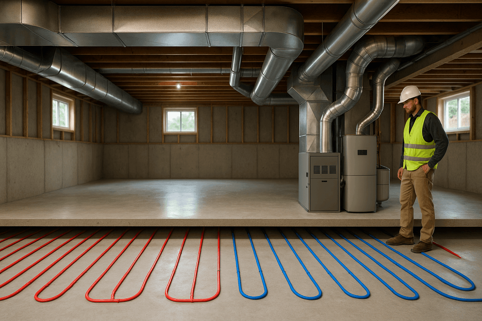 Cutaway view showing radiant floor and forced air heating systems in home