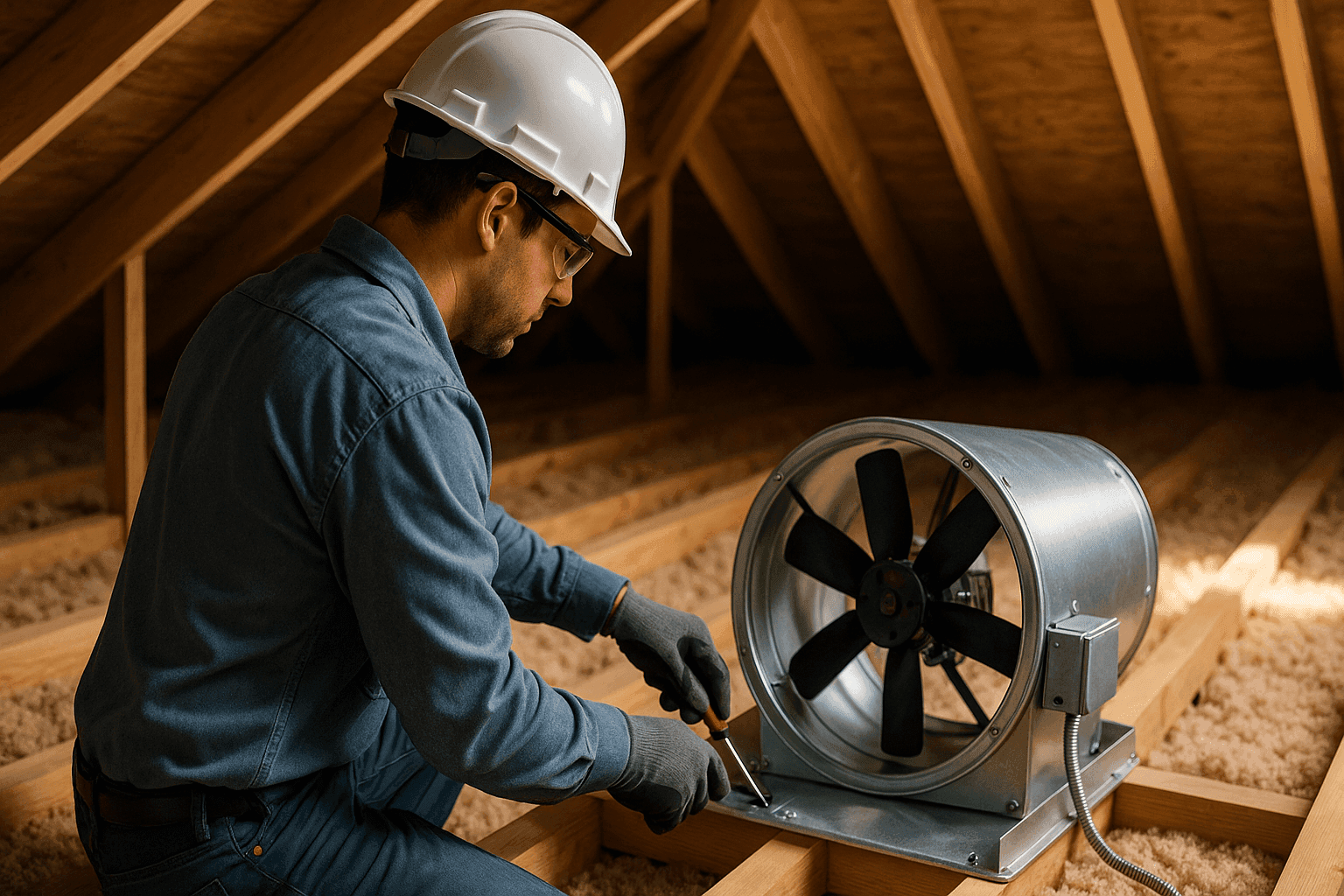 Technician installing whole-house fan in residential attic
